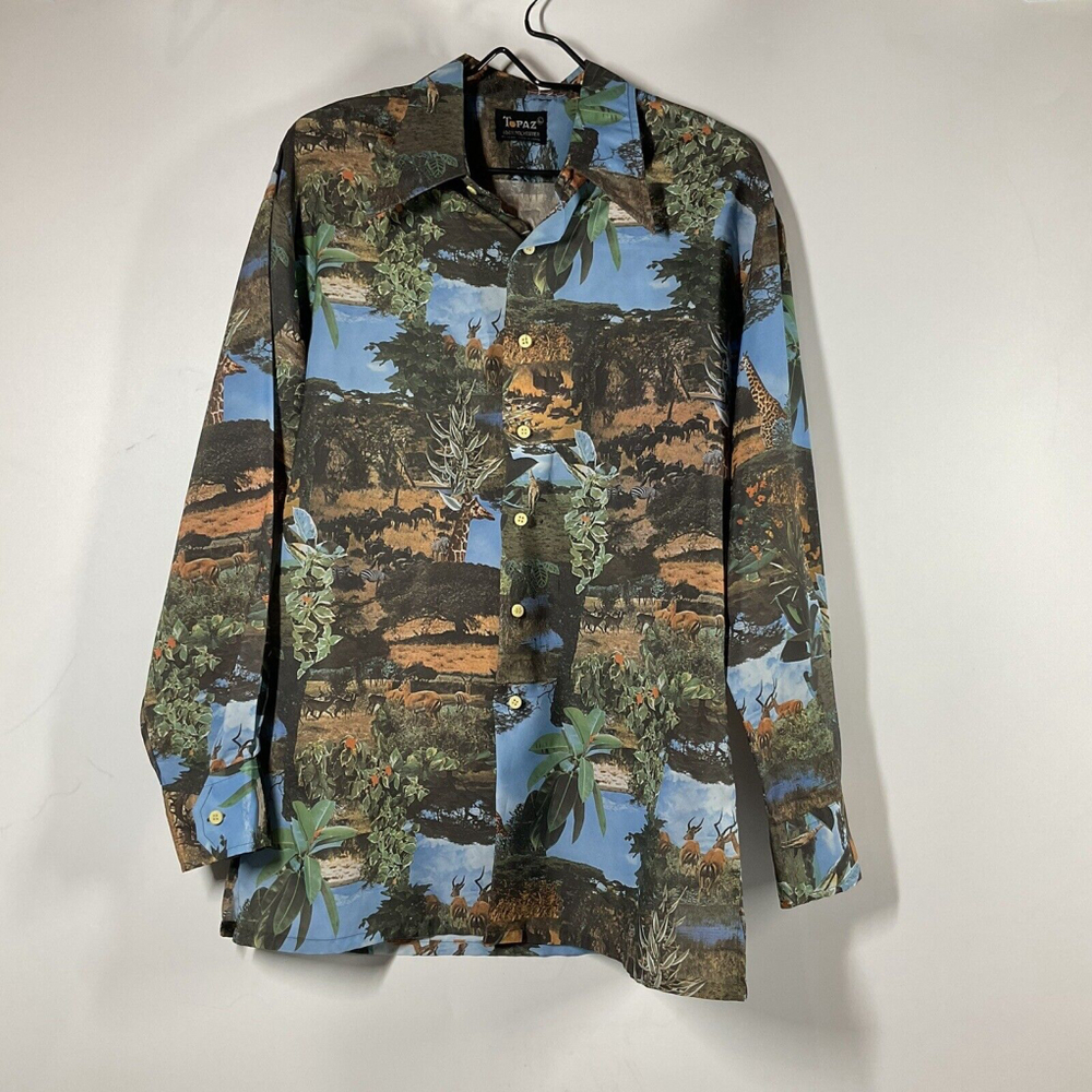 Vtg 70s Club Dagger Collar Disco Mens LG Silky Polyester Wild Animal Photo Pics